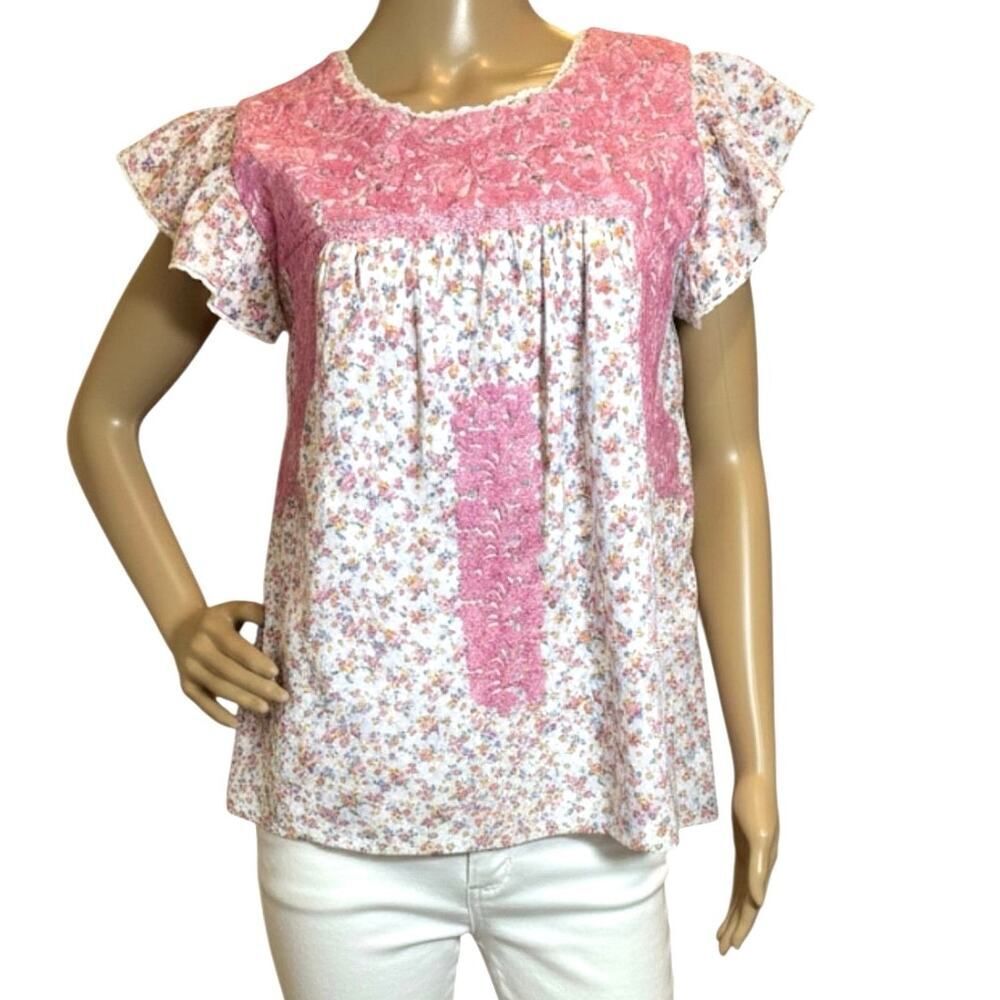 J.Marie Rosalee Pink & White Floral Embroidered Sleeveless Top SZ XS Cottagecore